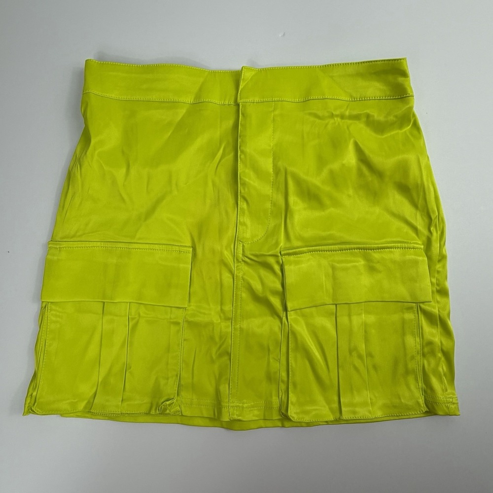 SHEINBAE Neon Lime Green Satin Cargo Mini Skirt Utility Festival